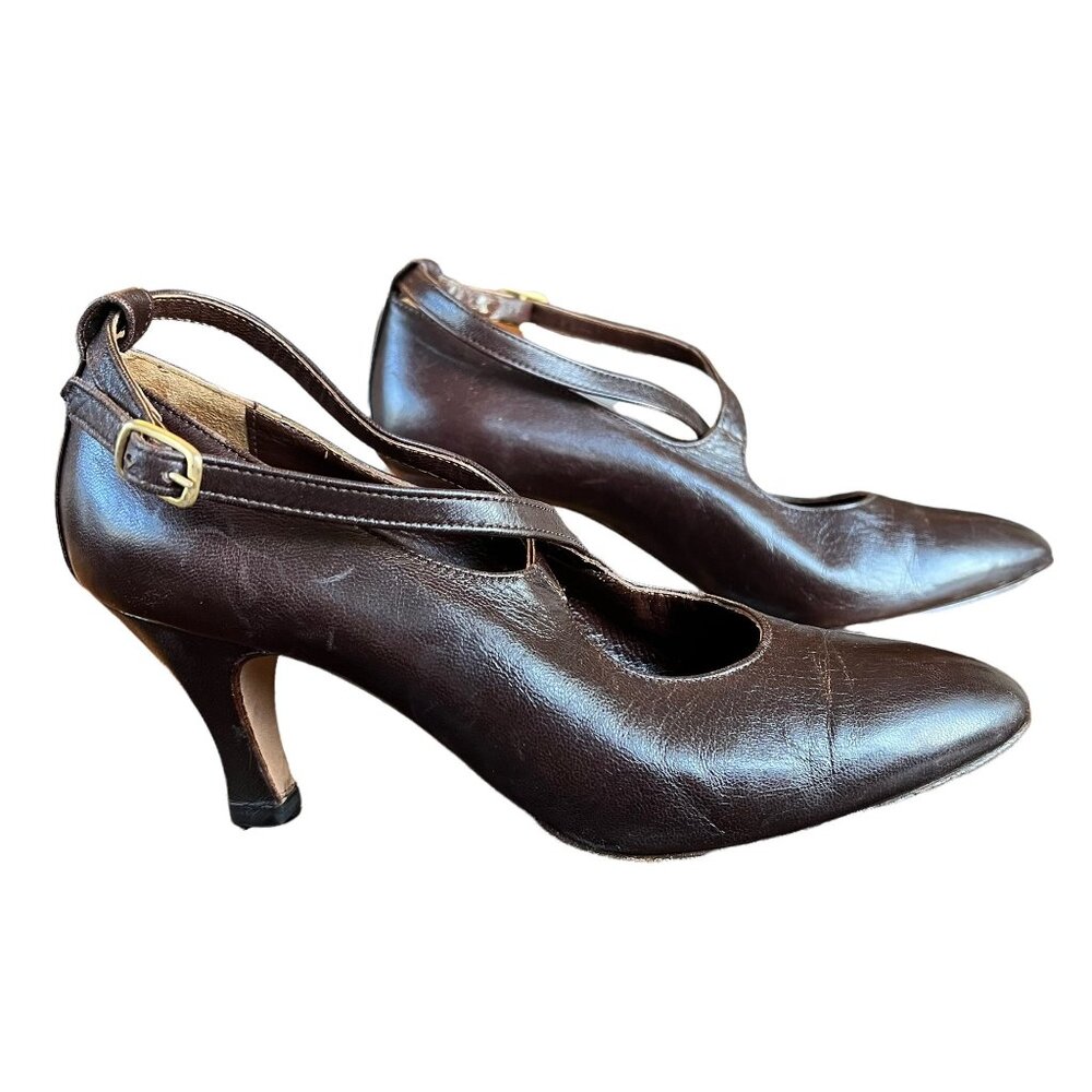 Vintage Jean Marie Chocolate Brown Leather Criss-Cross Strap Pumps Italy 38